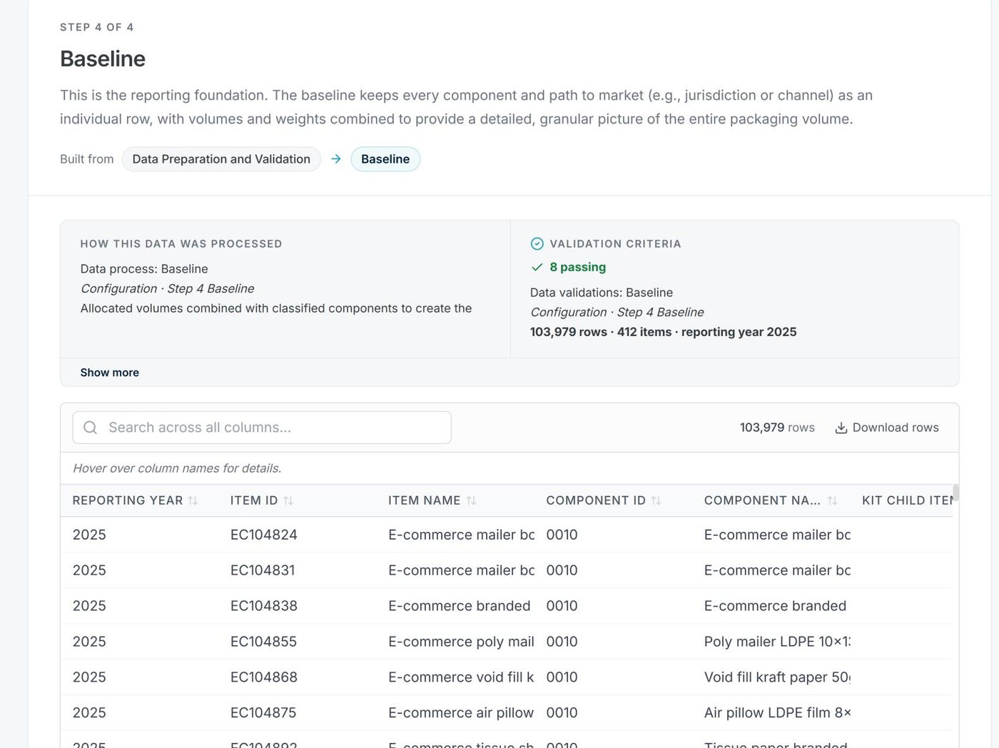 Validyn baseline screen with component rows and validation criteria