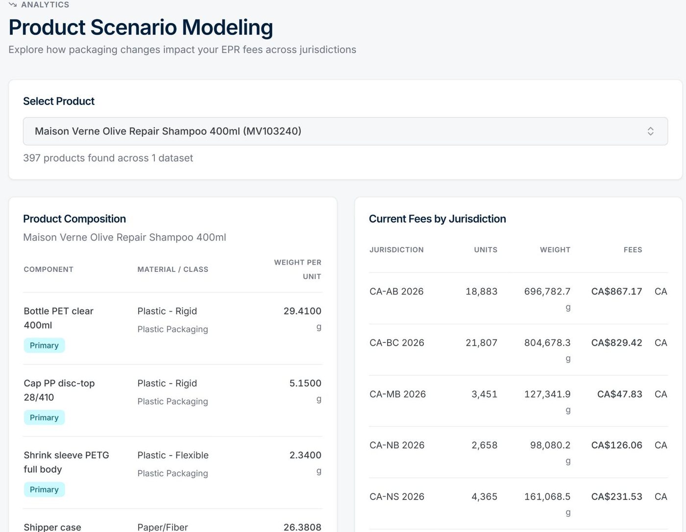 Validyn product scenario modeling screen